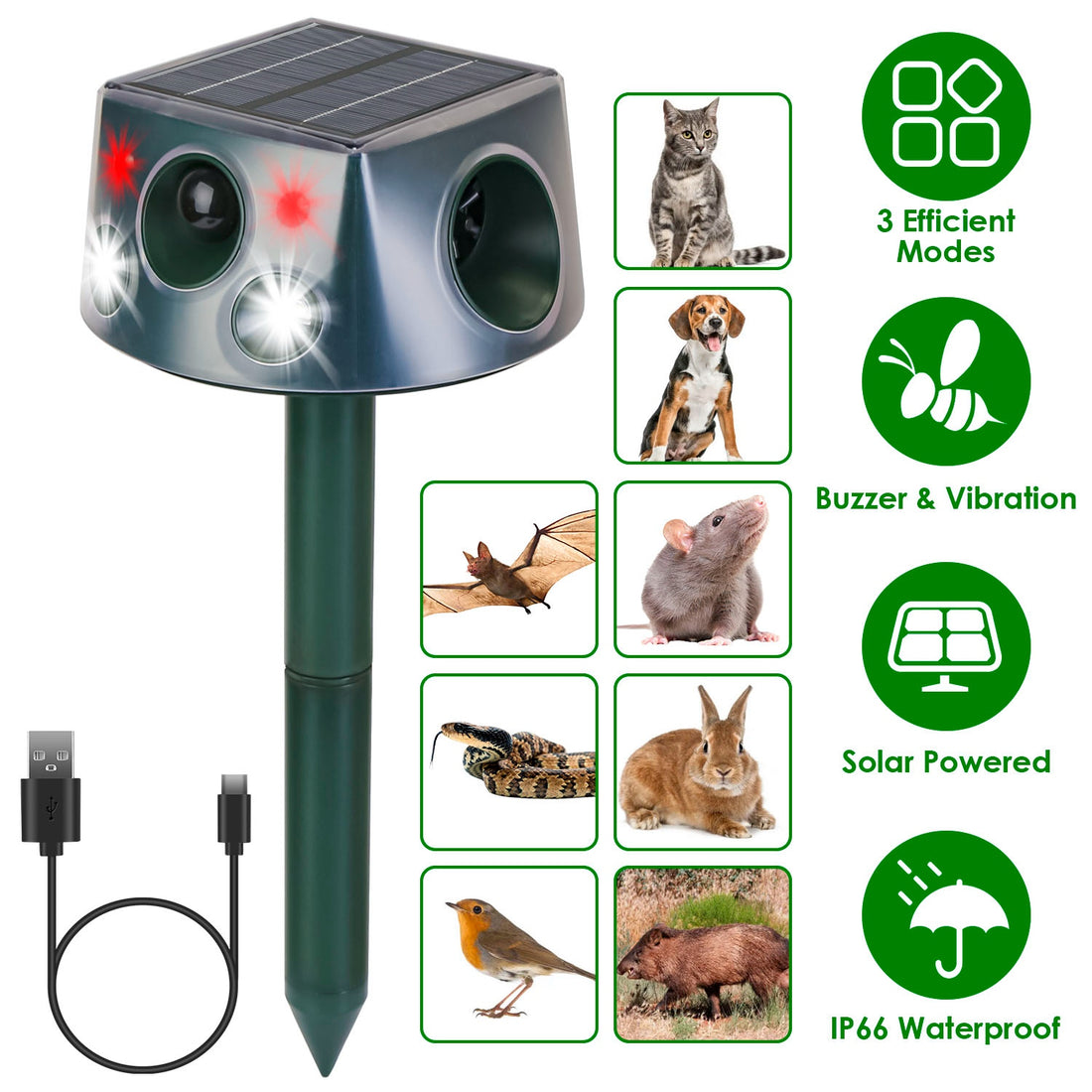 Solar & Type-C Rechargeable Animal Repellent With Ultrasonic Modes