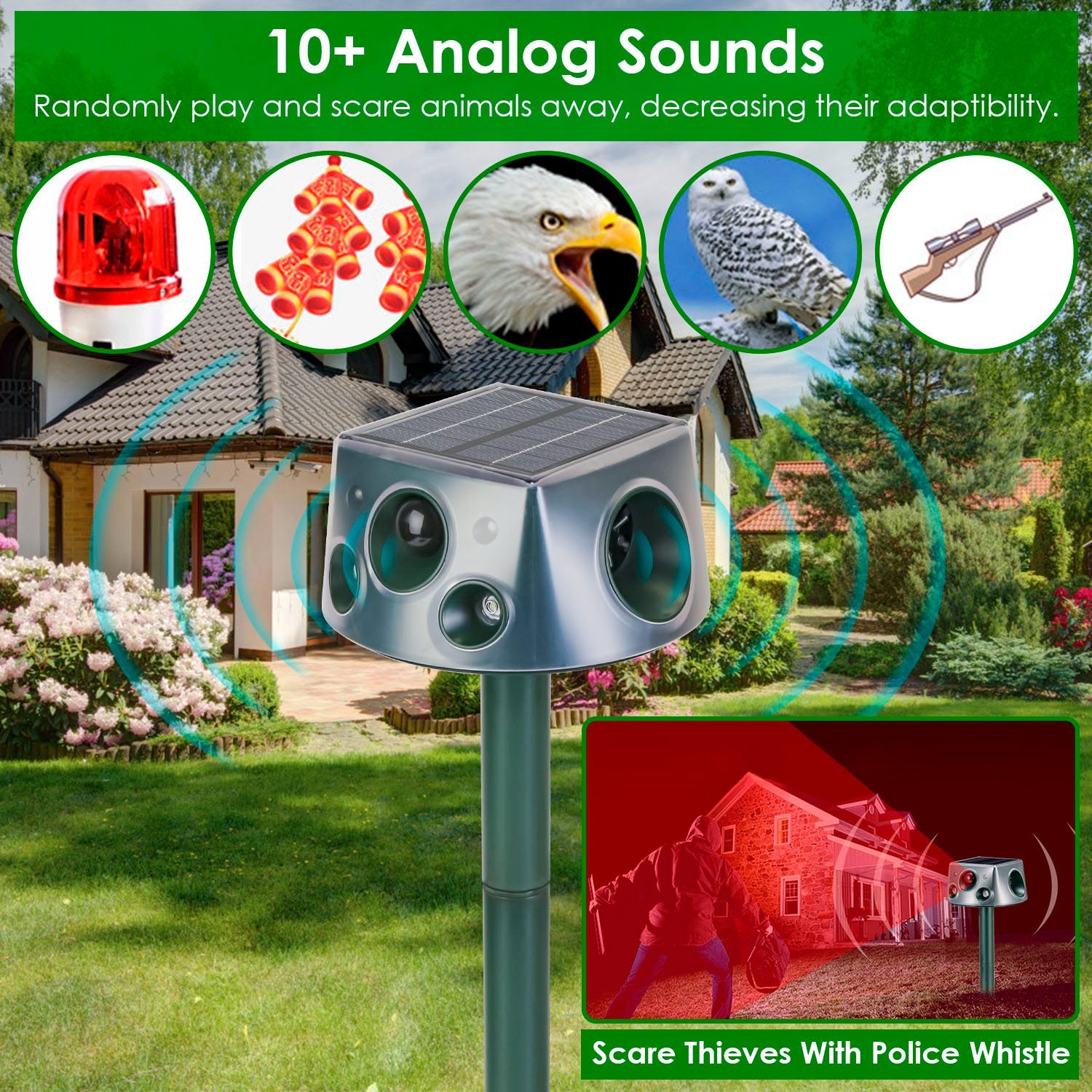 Solar & Type-C Rechargeable Animal Repellent With Ultrasonic Modes