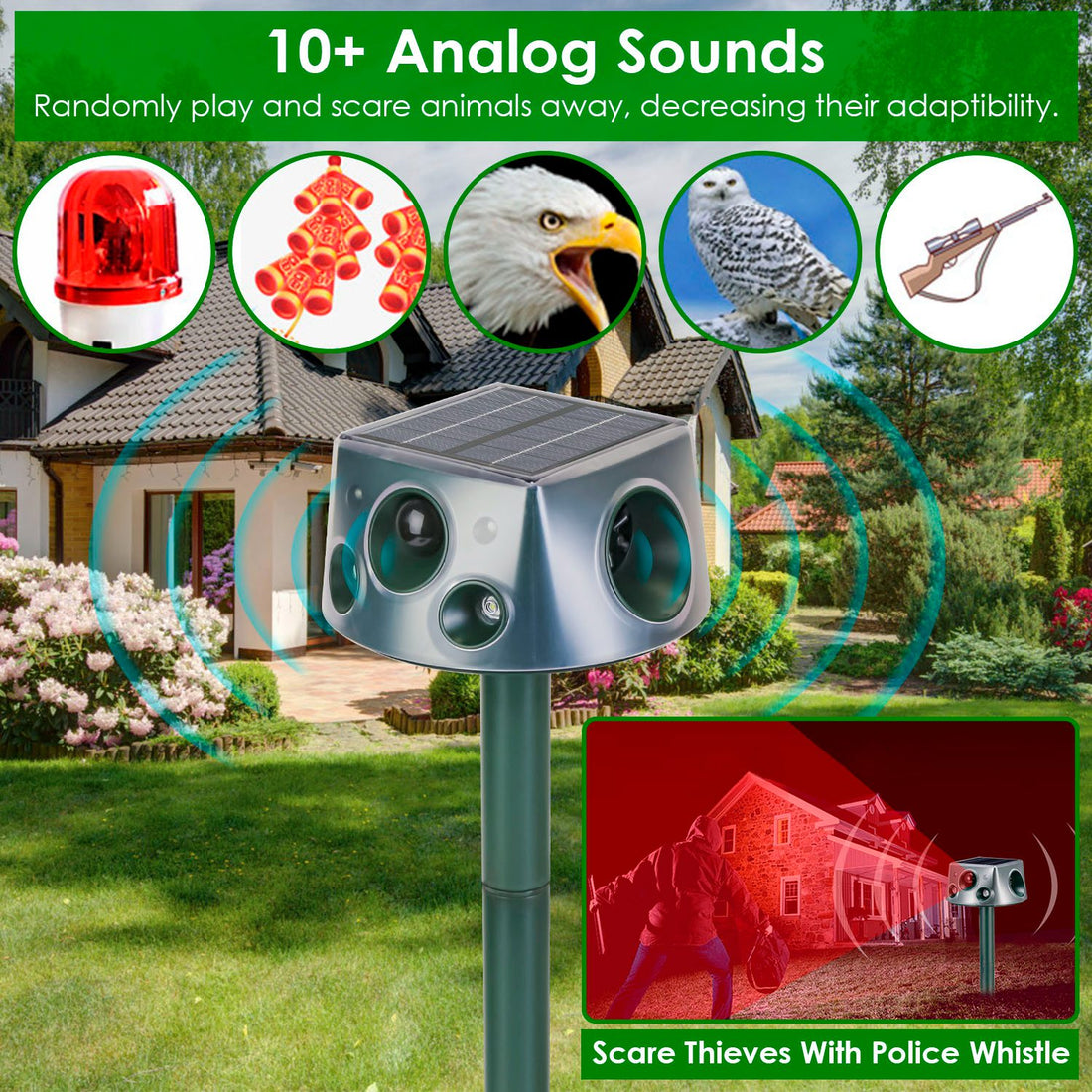 Solar & Type-C Rechargeable Animal Repellent With Ultrasonic Modes