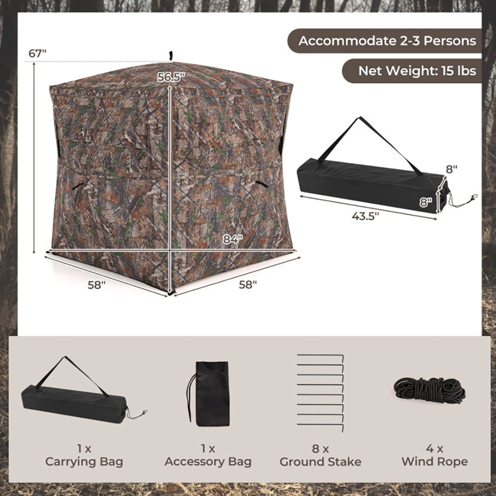 360° One-Way See-Through Hunting Blind for 2–3 People